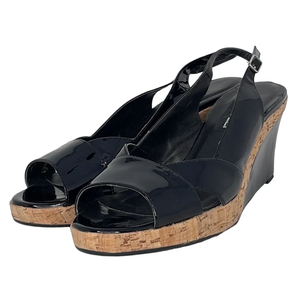VAN ELI Wedge Heel Sandals Sling Back Open Toe Black Patent Leather Cork 9.5